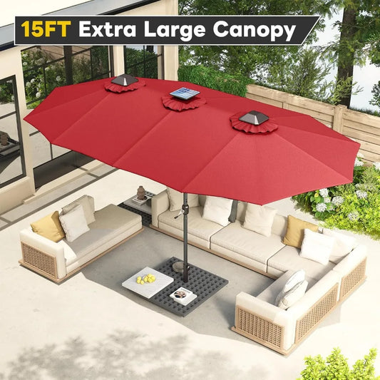 15ft Patio Umbrella with Solar Lights, Large Double Umbrella Outdoor and Crank