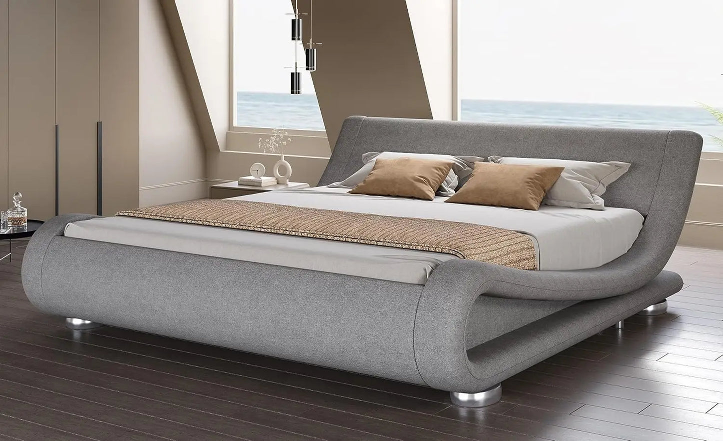 Bed frame, Sleigh Bed with Faux Leather Ergonomics Headboard