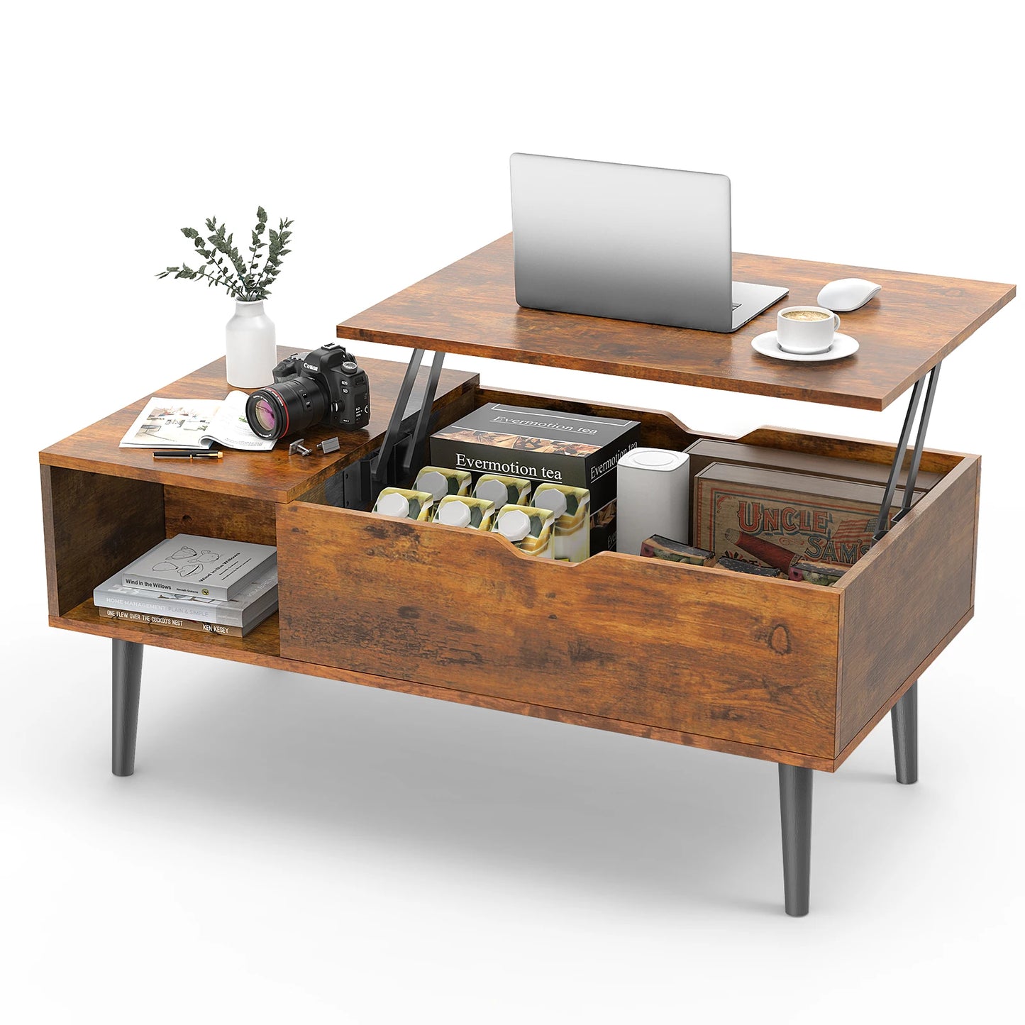 39.37"x19.7" Desk Tea Wood Dining Tables Adjustable Storage Shelf Easy Lift Or Lower