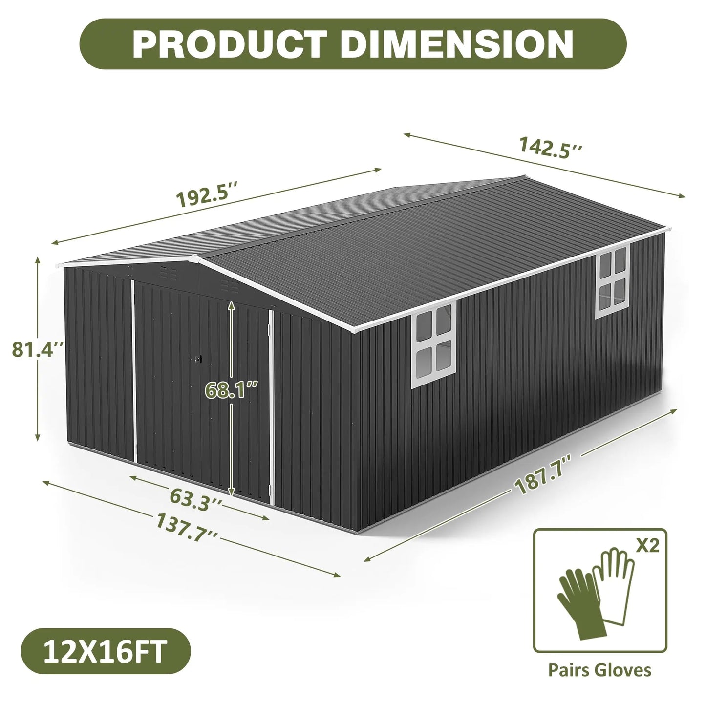 12x16/12x18FT Outdoor Metal Storage Shed w/ Windows