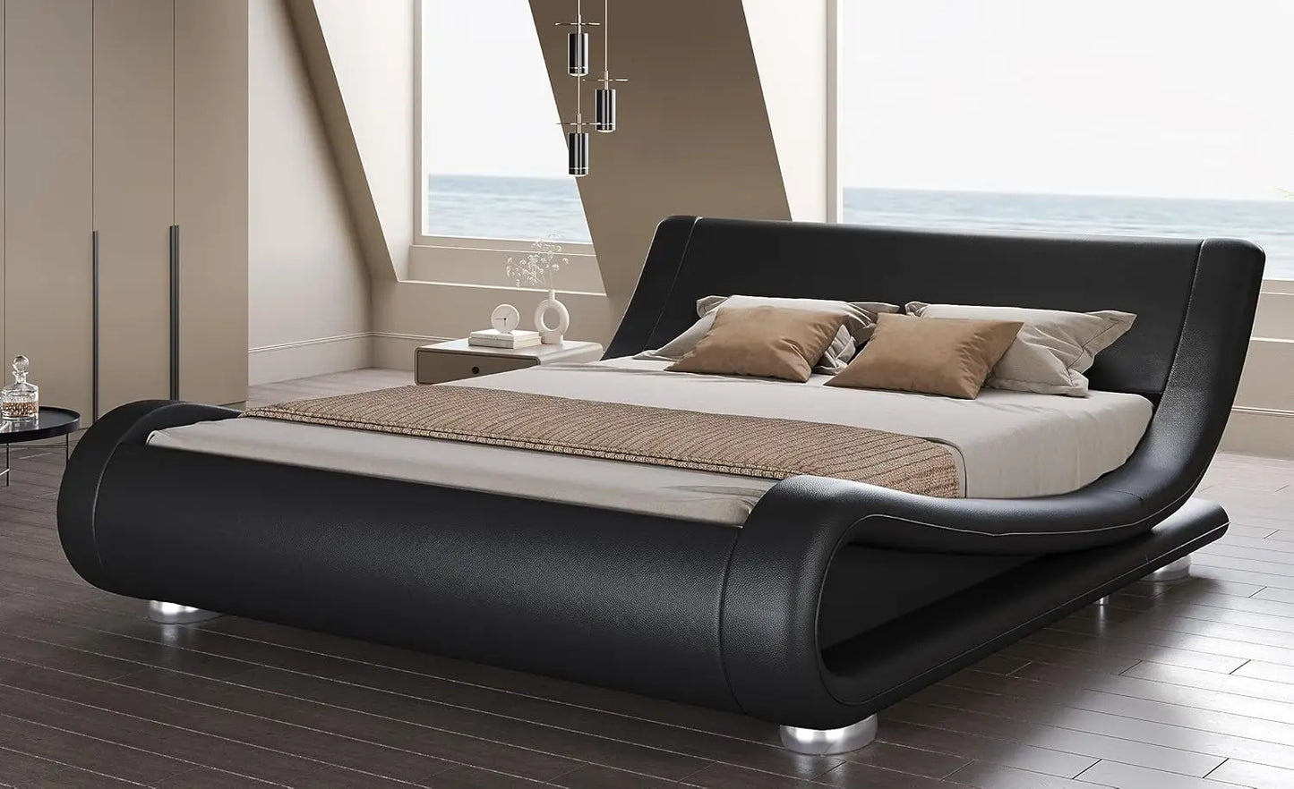 Bed frame, Sleigh Bed with Faux Leather Ergonomics Headboard