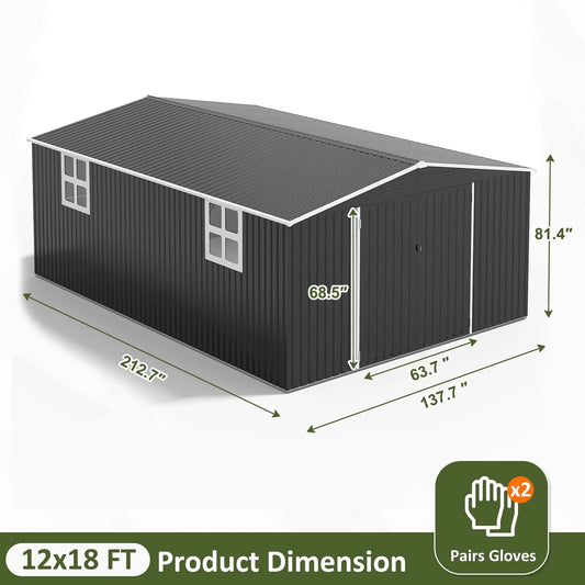 12x16/12x18FT Outdoor Metal Storage Shed w/ Windows