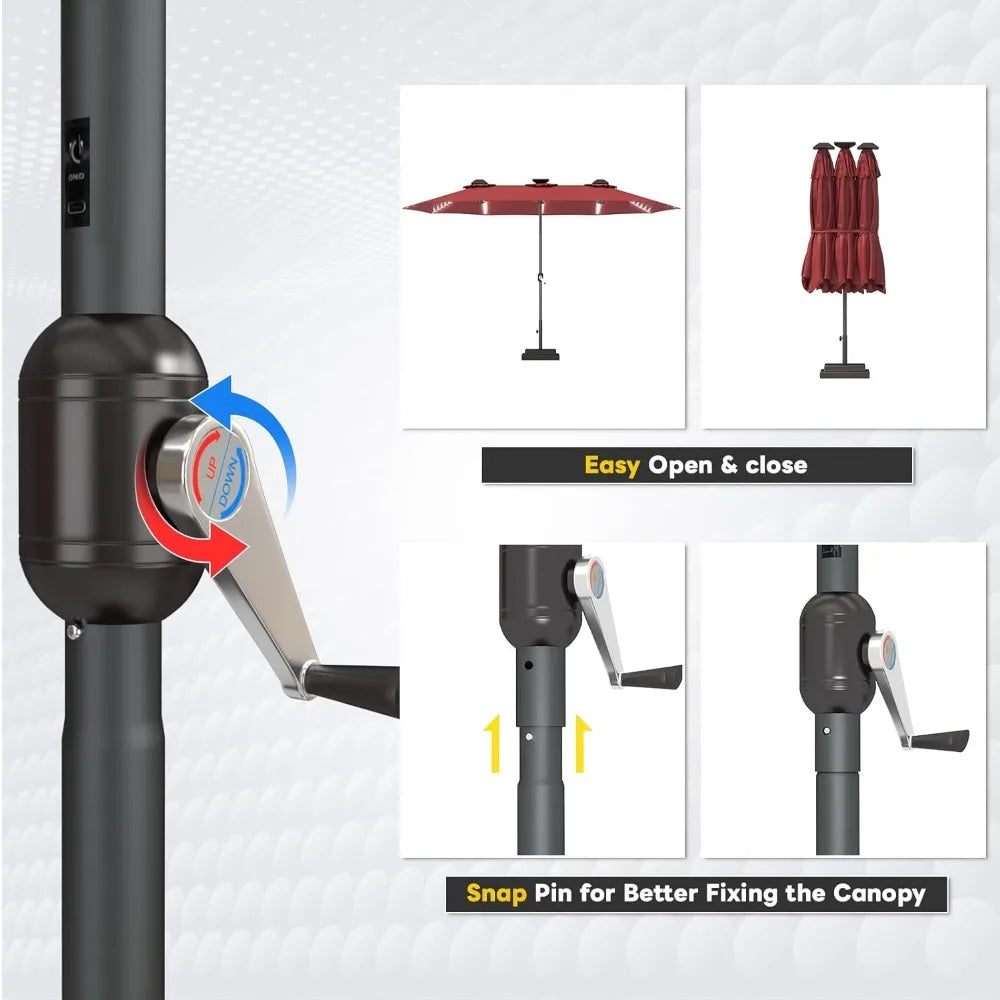 15ft Patio Umbrella with Solar Lights, Large Double Umbrella Outdoor and Crank