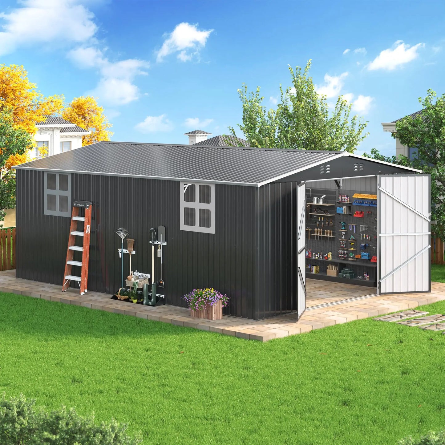 12x16/12x18FT Outdoor Metal Storage Shed w/ Windows