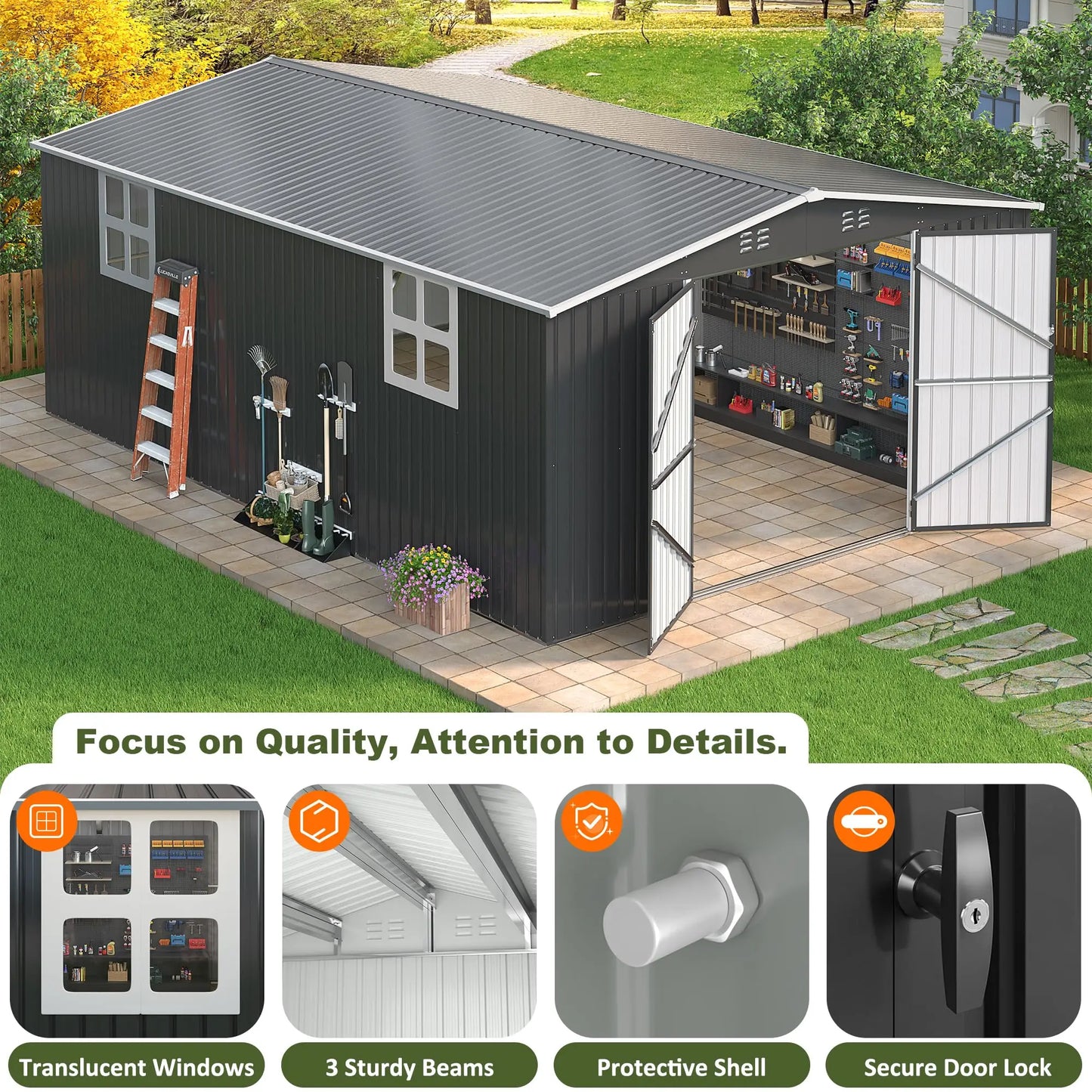 12x16/12x18FT Outdoor Metal Storage Shed w/ Windows