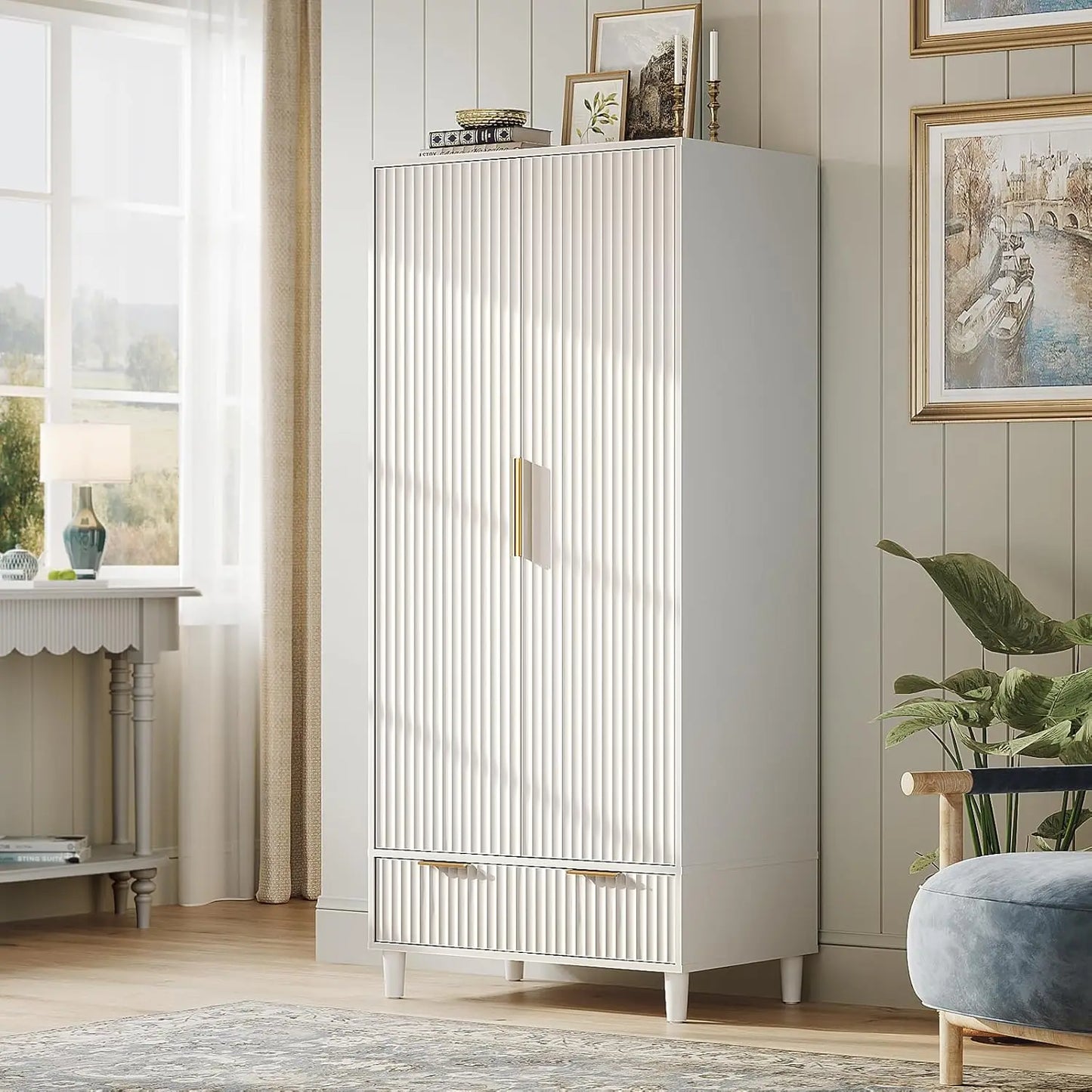 Fluted Wardrobe Closet Armoire