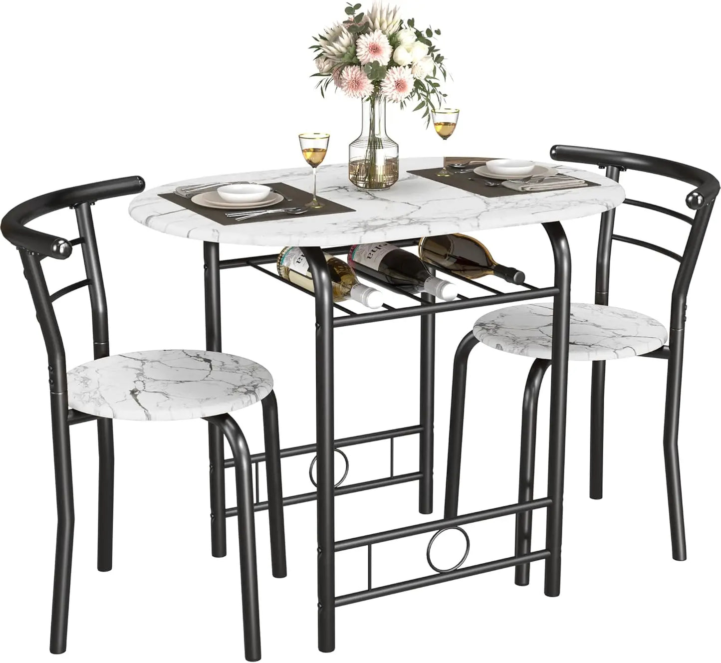 Wooden Round Table & Chair Set, Tabletop with Metal Frame