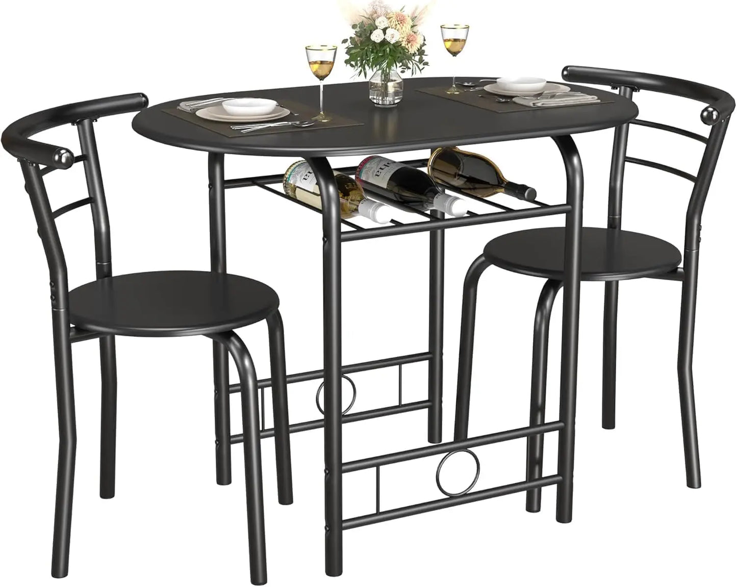 Wooden Round Table & Chair Set, Tabletop with Metal Frame