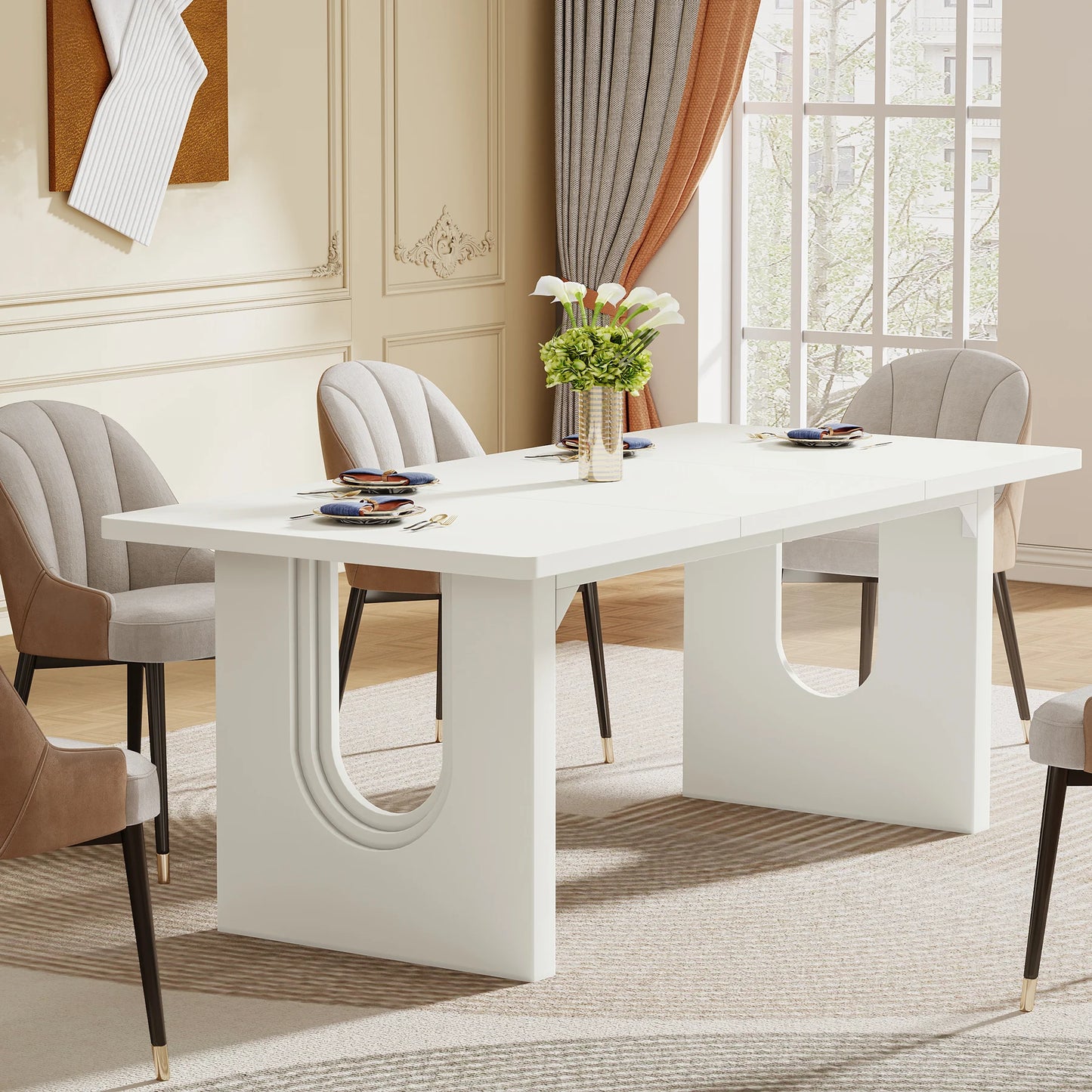 71" Large Kitchen Dining Table with Wood Pedestal Base,
