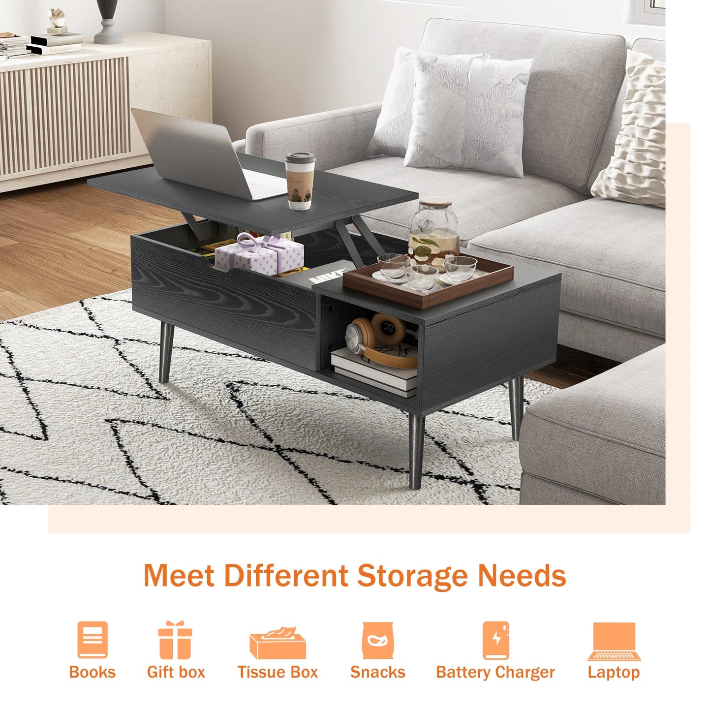 39.37"x19.7" Desk Tea Wood Dining Tables Adjustable Storage Shelf Easy Lift Or Lower