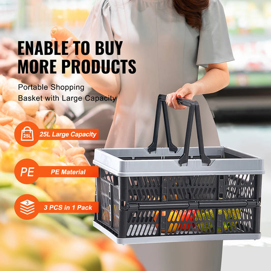 3pcs Foldable Storage Basket Collapsible Shopping Crate with Handle
