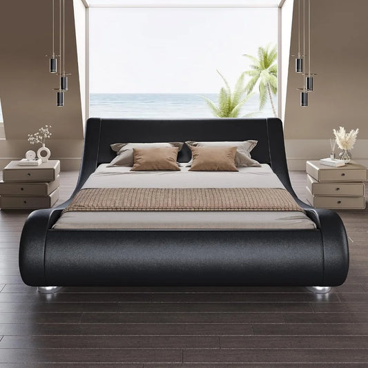 Bed frame, Sleigh Bed with Faux Leather Ergonomics Headboard