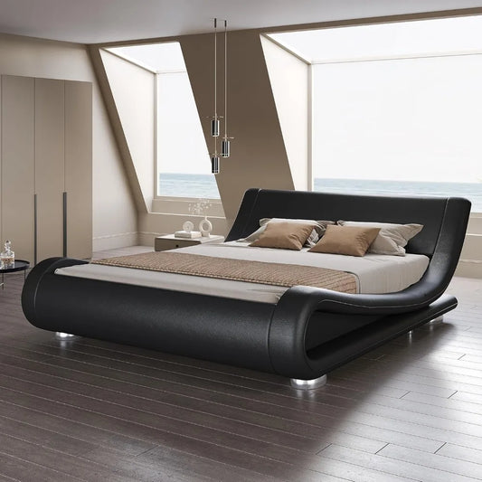 Bed frame, Sleigh Bed with Faux Leather Ergonomics Headboard