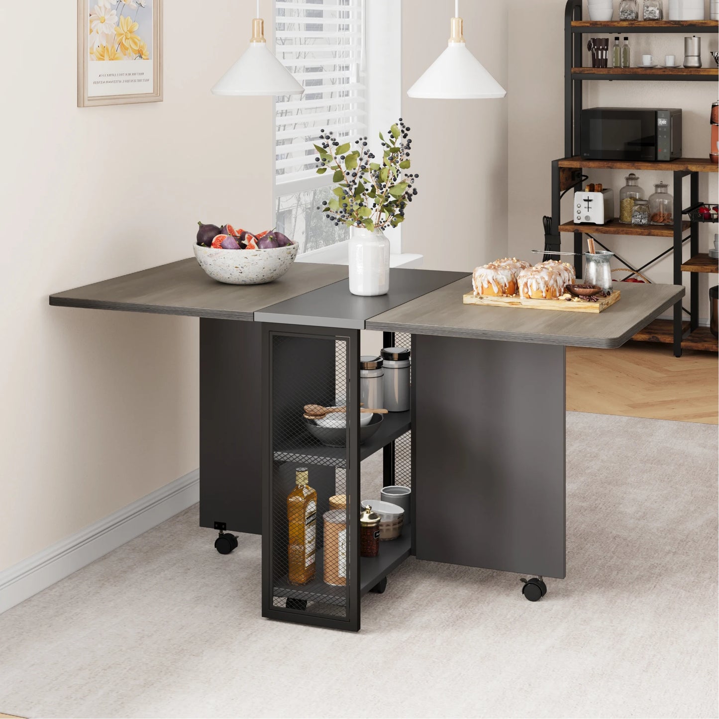 Drop Leaf Folding Dining Table with 2 Tier Storage-Extendable