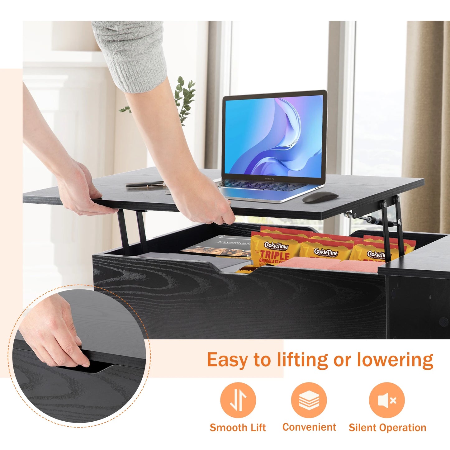 39.37"x19.7" Desk Tea Wood Dining Tables Adjustable Storage Shelf Easy Lift Or Lower