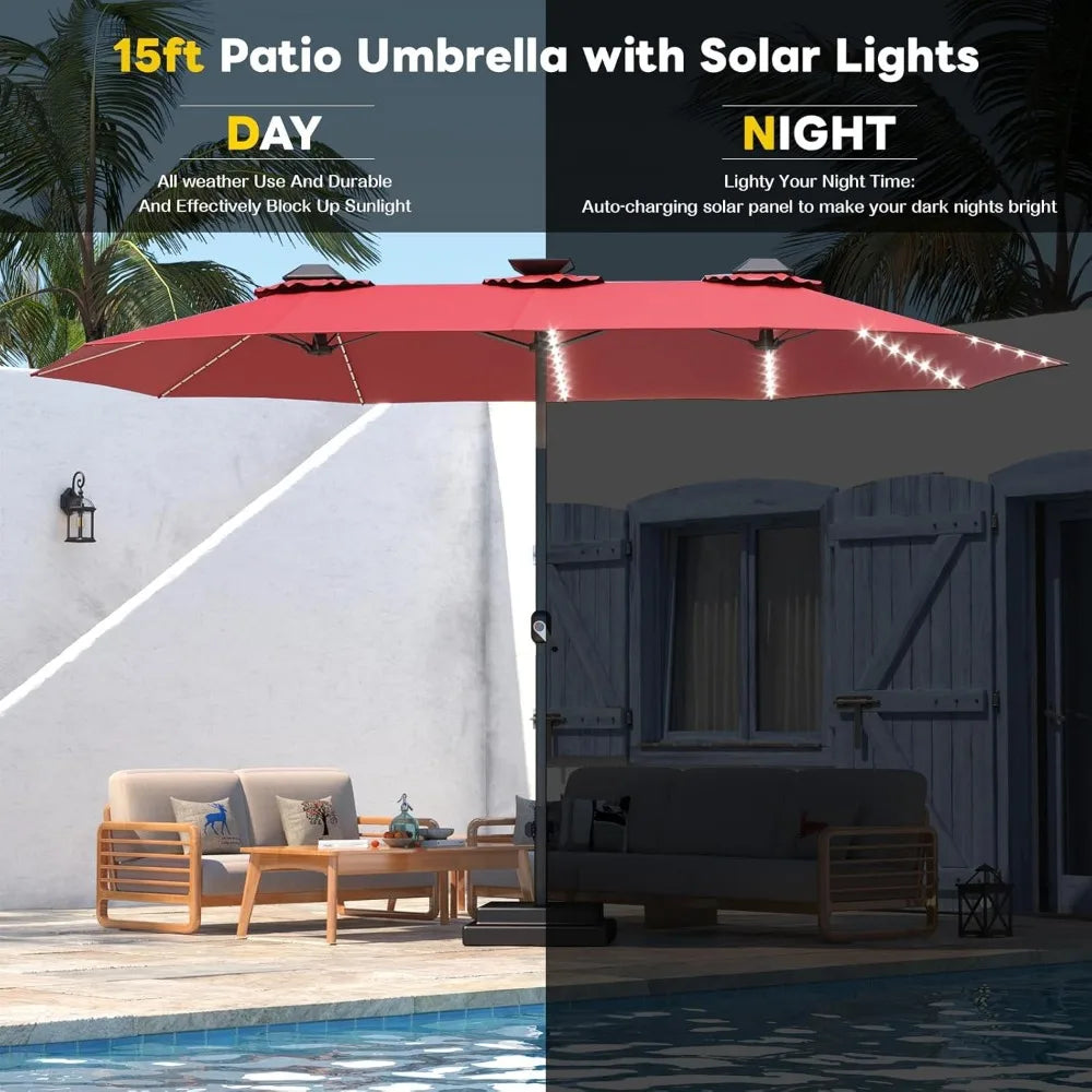 15ft Patio Umbrella with Solar Lights, Large Double Umbrella Outdoor and Crank
