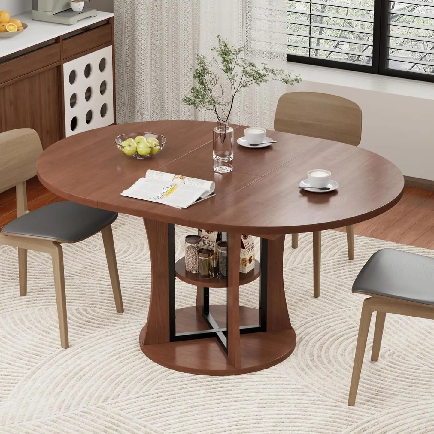 43.3''-59'' Extendable Round Dining Table for 4-8,Expandable Kitchen Table with Storage Shelf
