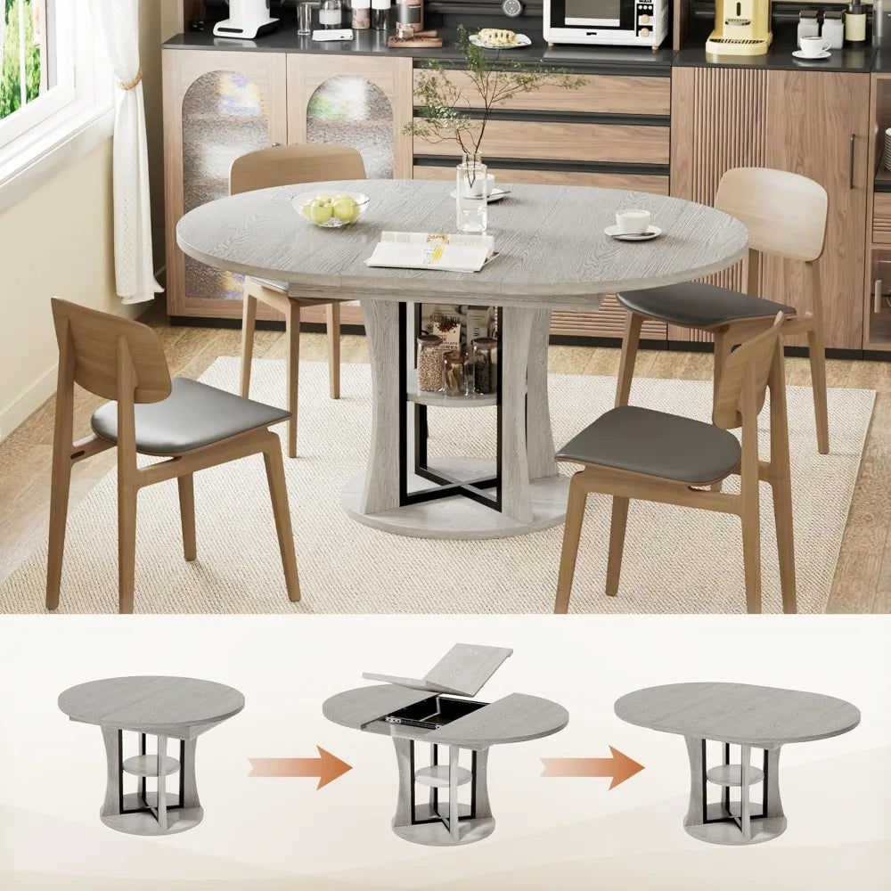 43.3''-59'' Extendable Round Dining Table for 4-8,Expandable Kitchen Table with Storage Shelf