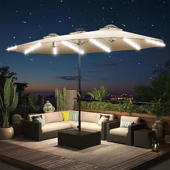 15ft Patio Umbrella with Solar Lights, Large Double Umbrella Outdoor and Crank