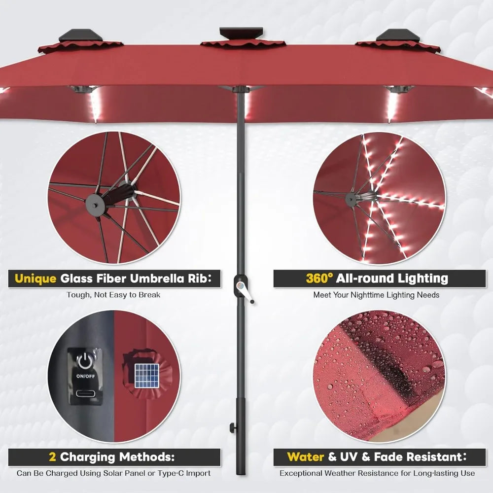 15ft Patio Umbrella with Solar Lights, Large Double Umbrella Outdoor and Crank