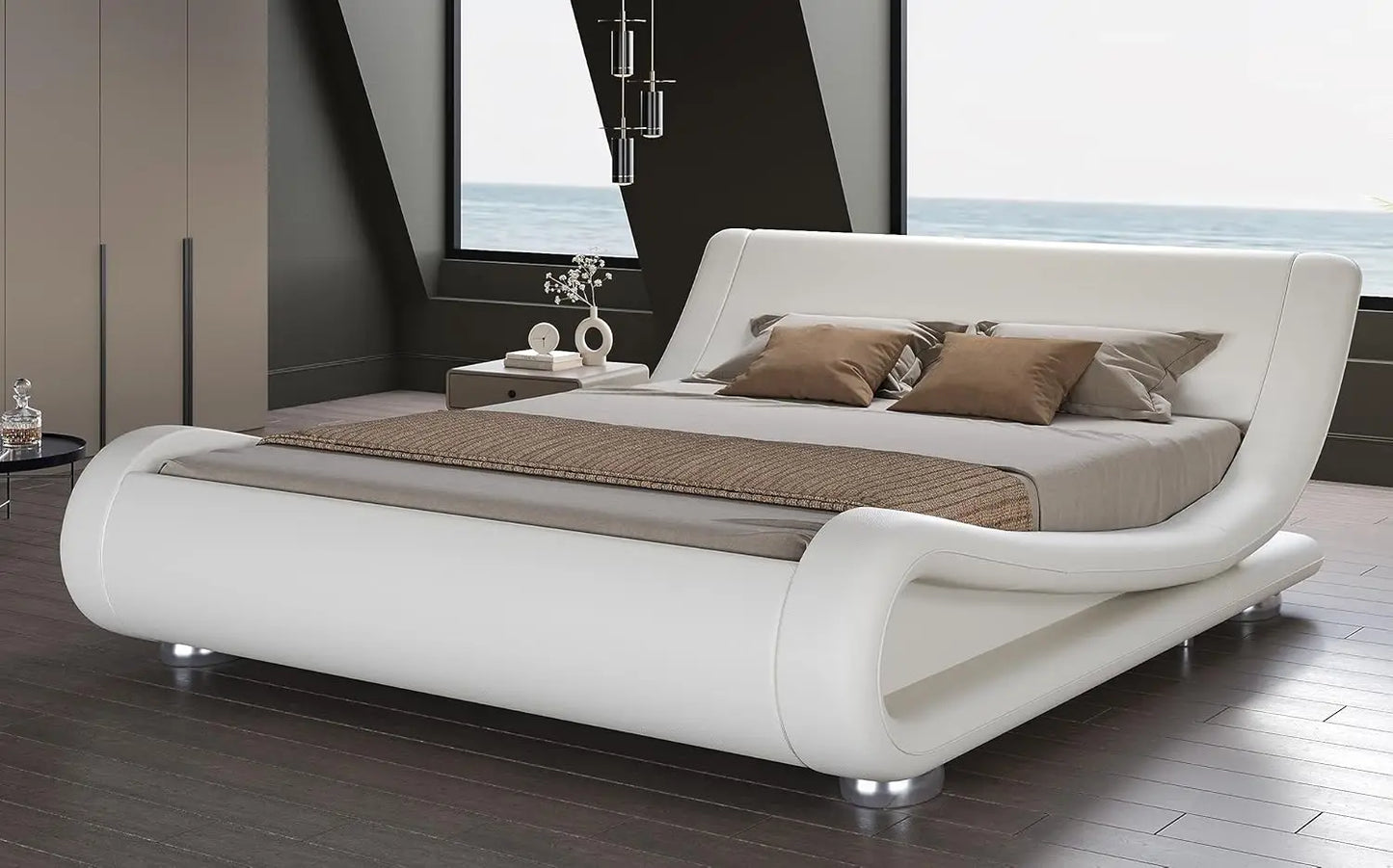 Bed frame, Sleigh Bed with Faux Leather Ergonomics Headboard