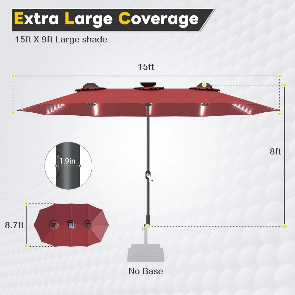 15ft Patio Umbrella with Solar Lights, Large Double Umbrella Outdoor and Crank