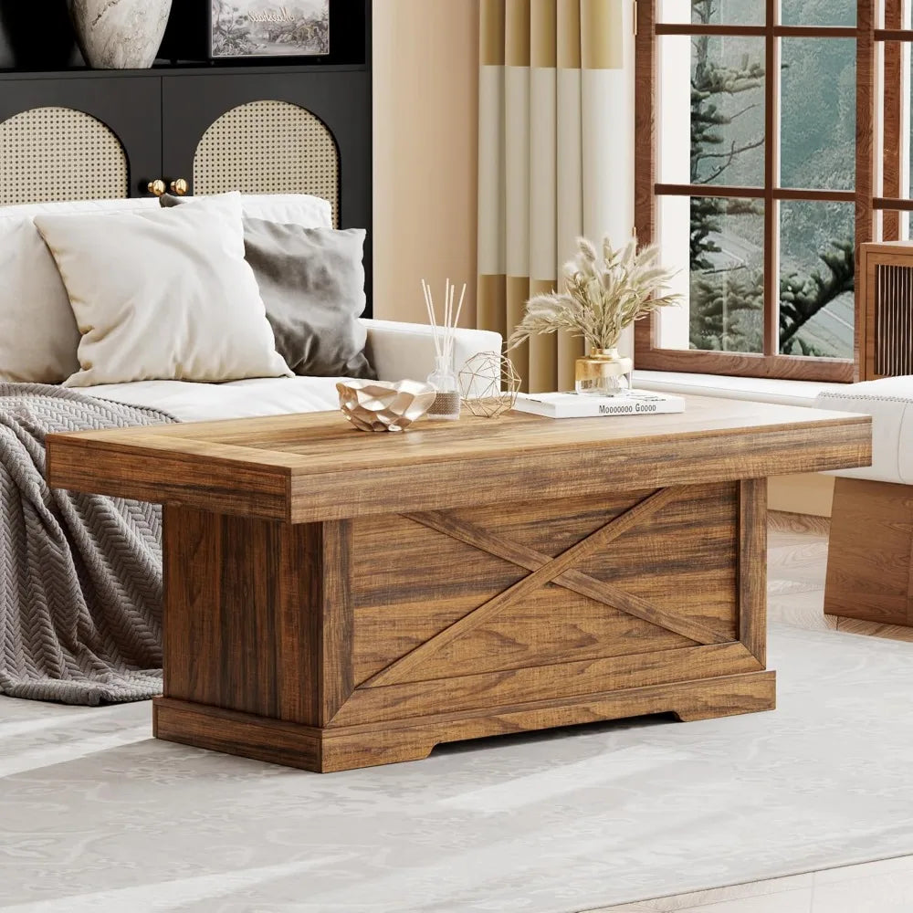 Rustic Center Table with X-Design Wooden Pedestal