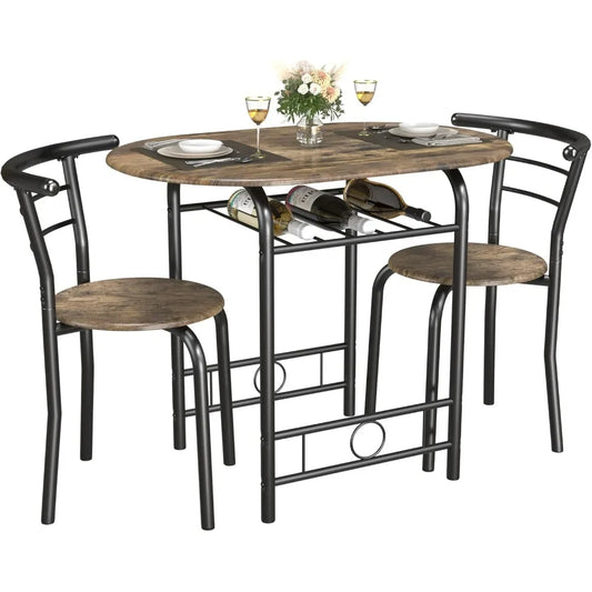 Wooden Round Table & Chair Set, Tabletop with Metal Frame