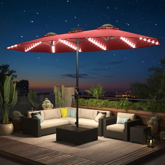 15ft Patio Umbrella with Solar Lights, Large Double Umbrella Outdoor and Crank