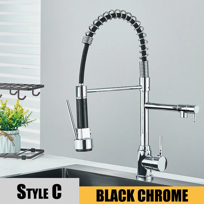 Dual Spout Kitchen Sink Faucet with Flexible Pull Down Hose