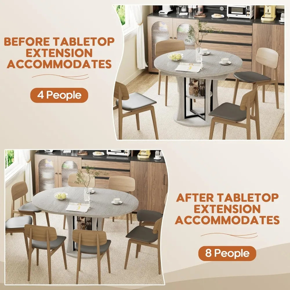 43.3''-59'' Extendable Round Dining Table for 4-8,Expandable Kitchen Table with Storage Shelf