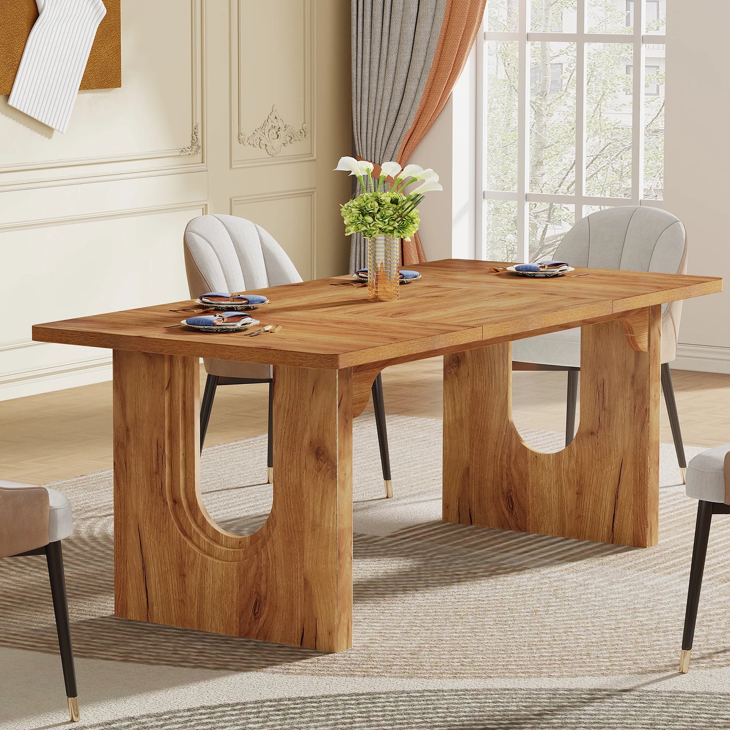71" Large Kitchen Dining Table with Wood Pedestal Base,
