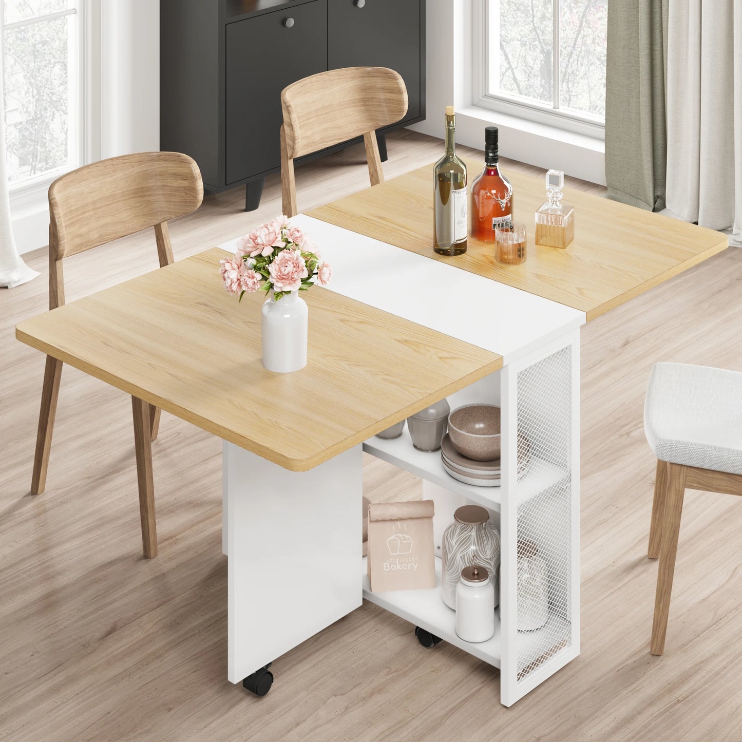 Drop Leaf Folding Dining Table with 2 Tier Storage-Extendable