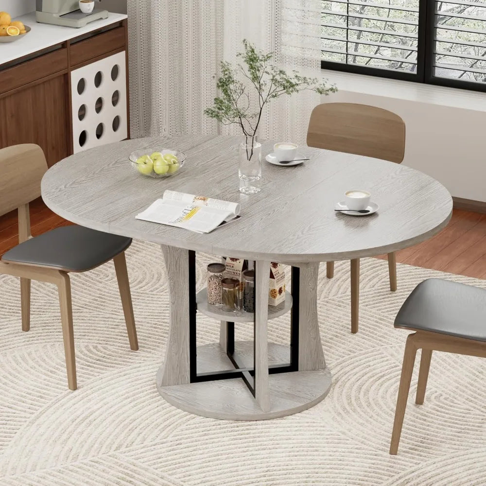 43.3''-59'' Extendable Round Dining Table for 4-8,Expandable Kitchen Table with Storage Shelf