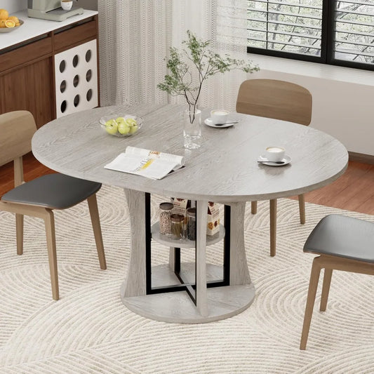 43.3''-59'' Extendable Round Dining Table for 4-8,Expandable Kitchen Table with Storage Shelf