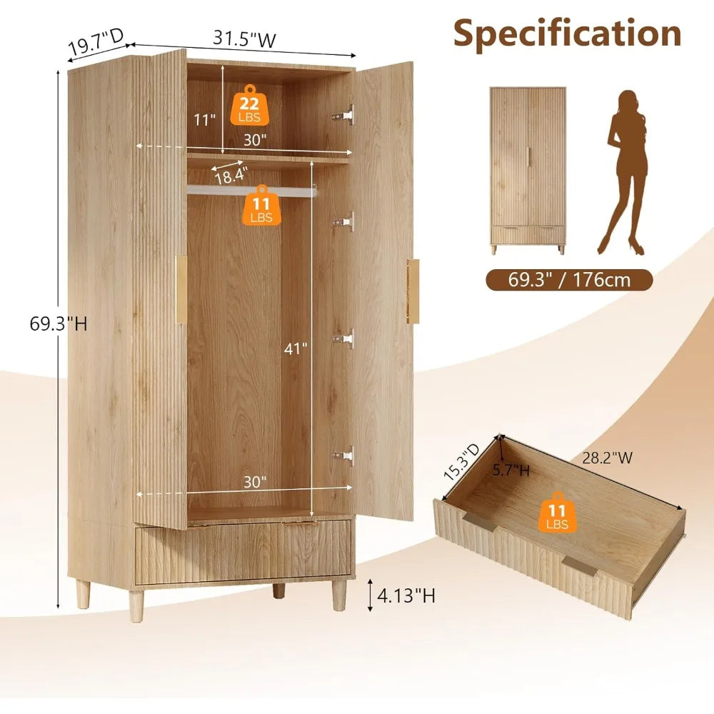 Fluted Wardrobe Closet Armoire