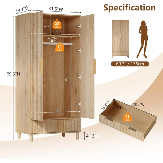 Fluted Wardrobe Closet Armoire
