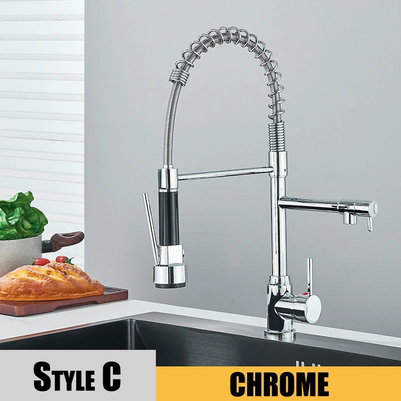 Dual Spout Kitchen Sink Faucet with Flexible Pull Down Hose