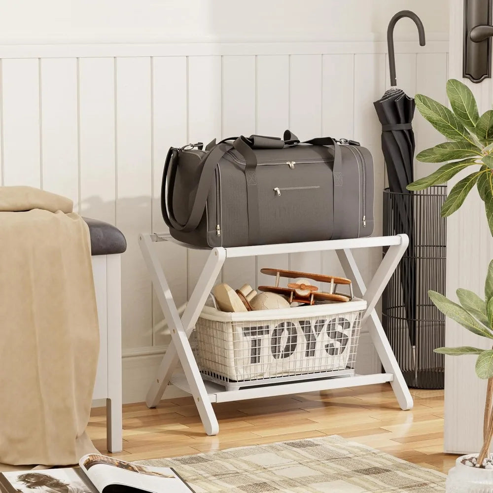 Luggage Rack, Folding Suitcase Stand with Storage Shelf