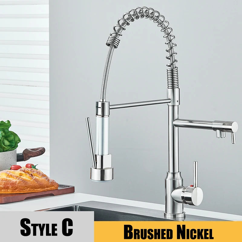 Dual Spout Kitchen Sink Faucet with Flexible Pull Down Hose