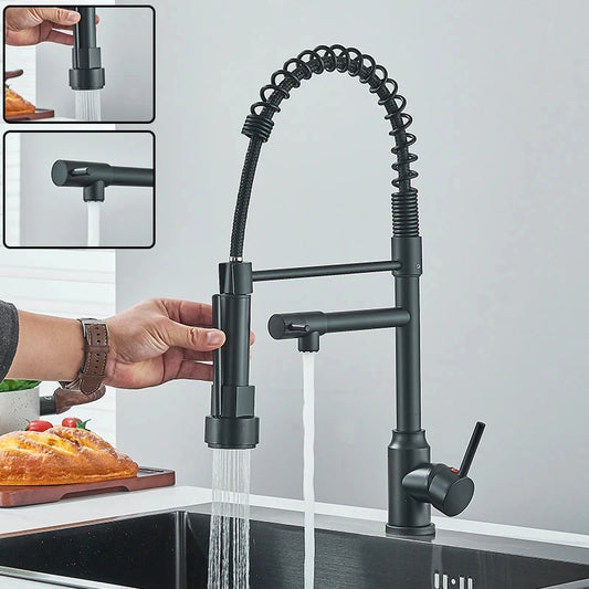 Dual Spout Kitchen Sink Faucet with Flexible Pull Down Hose