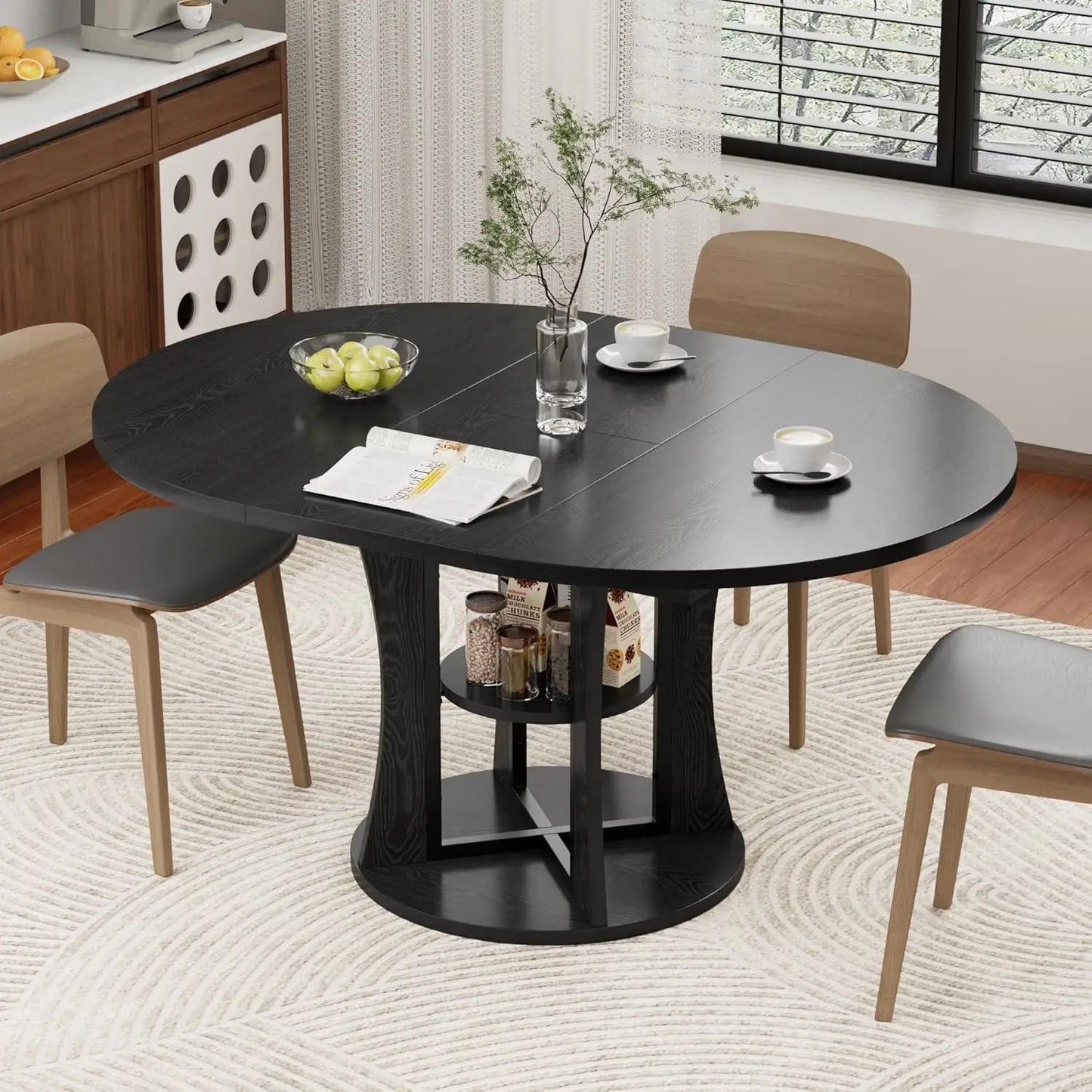 43.3''-59'' Extendable Round Dining Table for 4-8,Expandable Kitchen Table with Storage Shelf