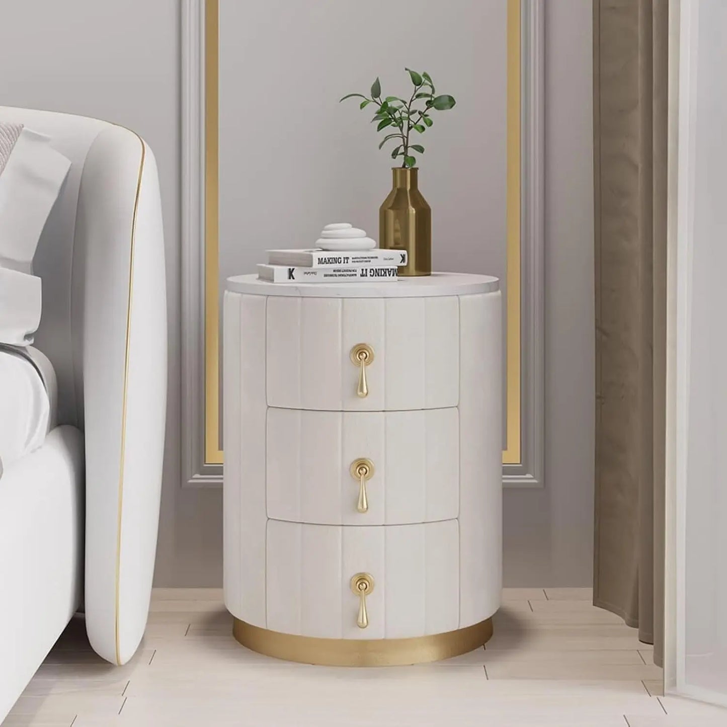 White Velvet Nightstand with Storage