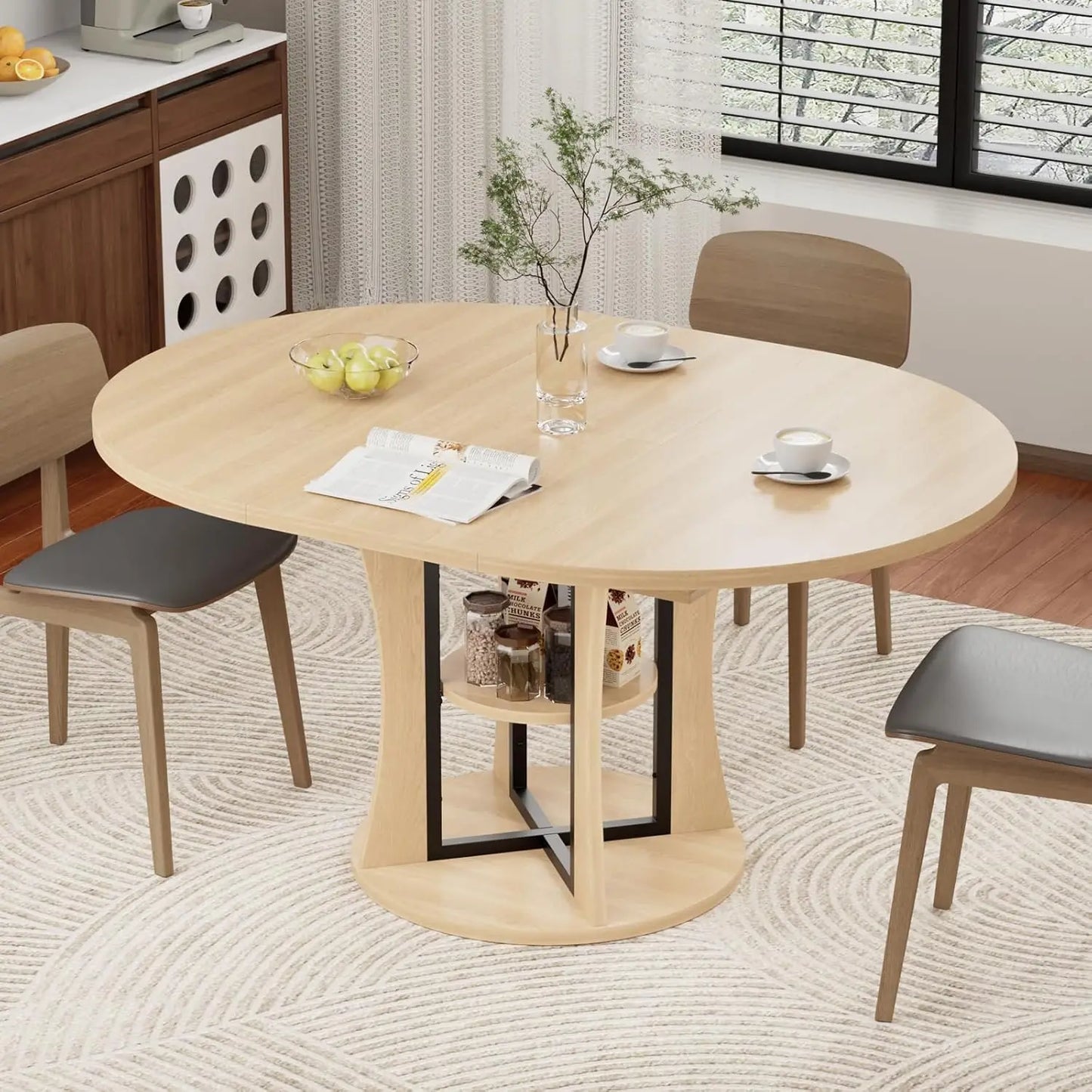 43.3''-59'' Extendable Round Dining Table for 4-8,Expandable Kitchen Table with Storage Shelf