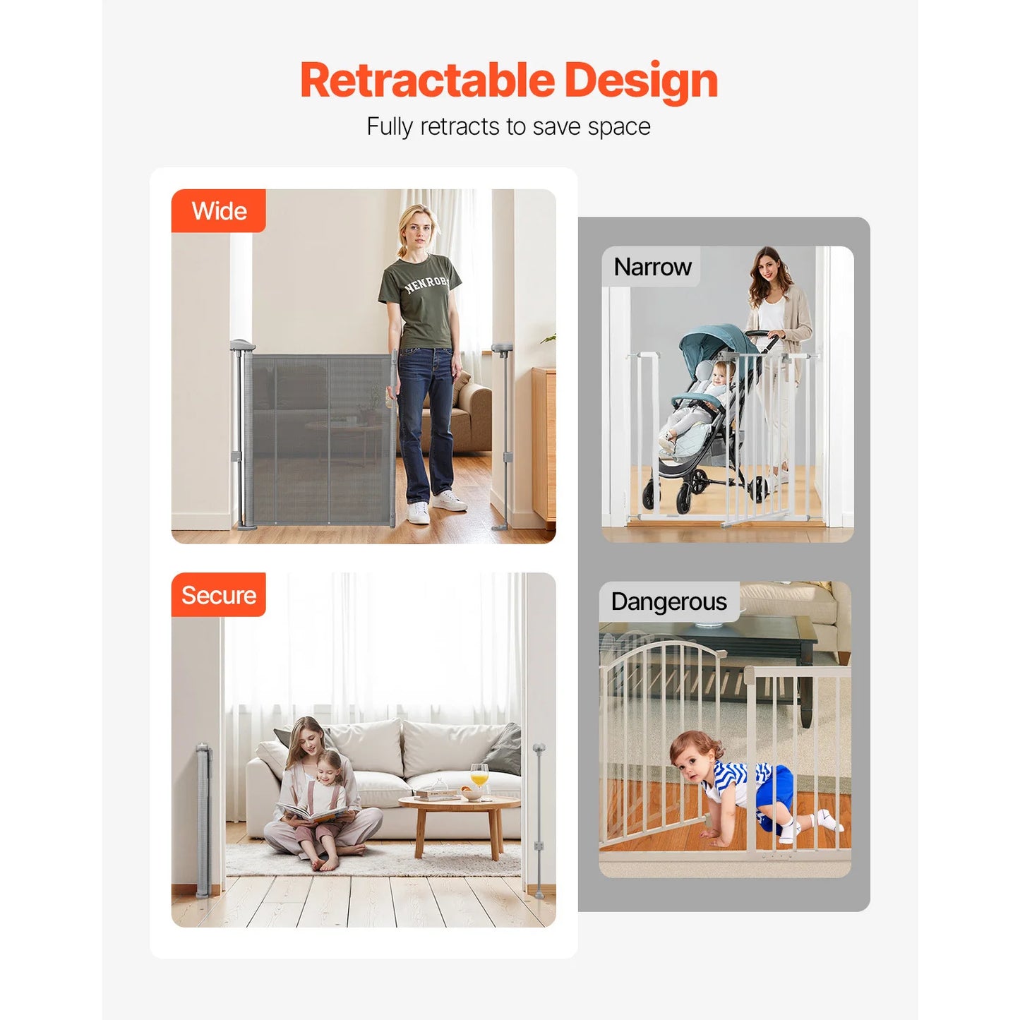 55/71/110in Retractable Baby Gate 34in Tall Extends Wide Retractable Gate for Kids Pets