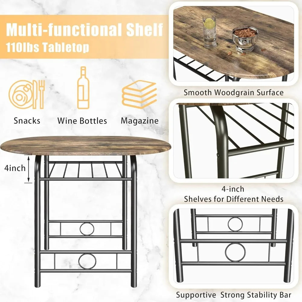 Wooden Round Table & Chair Set, Tabletop with Metal Frame