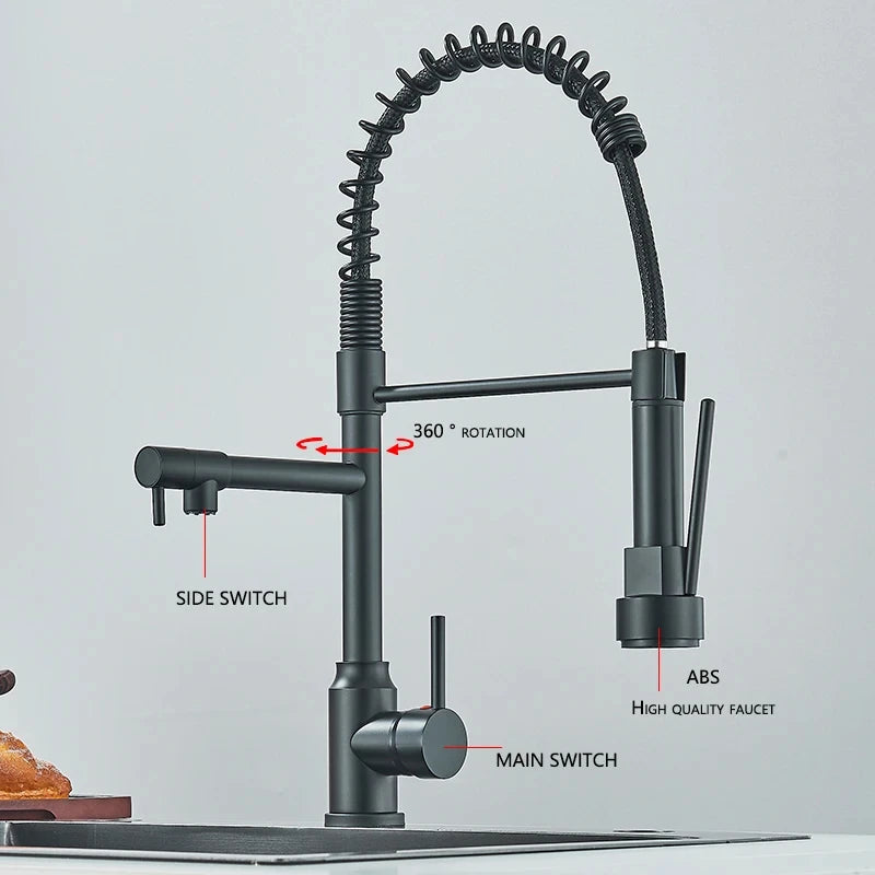 Dual Spout Kitchen Sink Faucet with Flexible Pull Down Hose