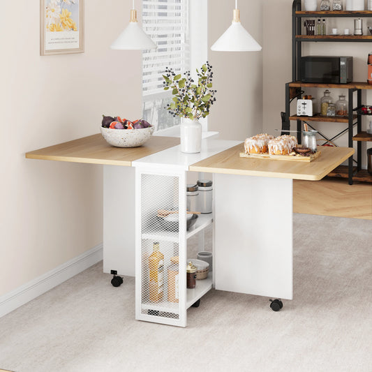 Drop Leaf Folding Dining Table with 2 Tier Storage-Extendable