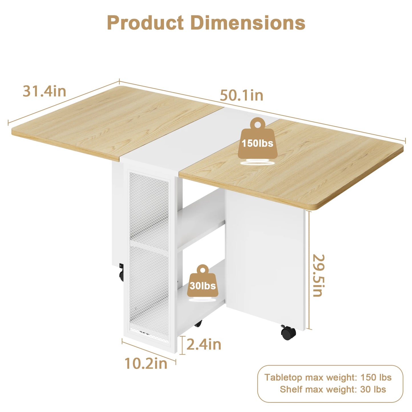 Drop Leaf Folding Dining Table with 2 Tier Storage-Extendable