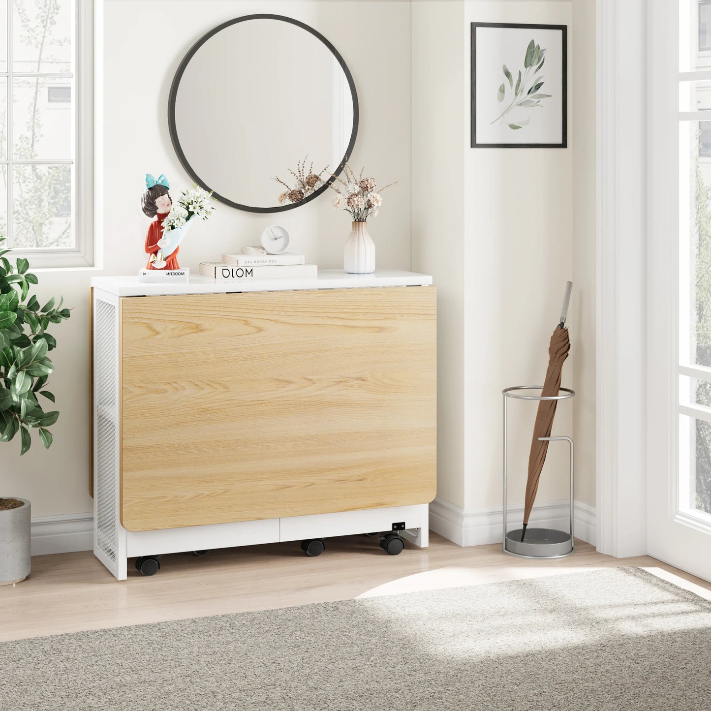 Drop Leaf Folding Dining Table with 2 Tier Storage-Extendable